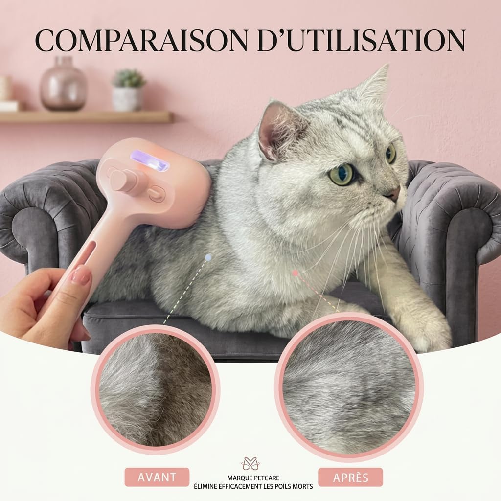 Modèle rose de la brosse vapeur RonWouf Brush pour chats à poils longs