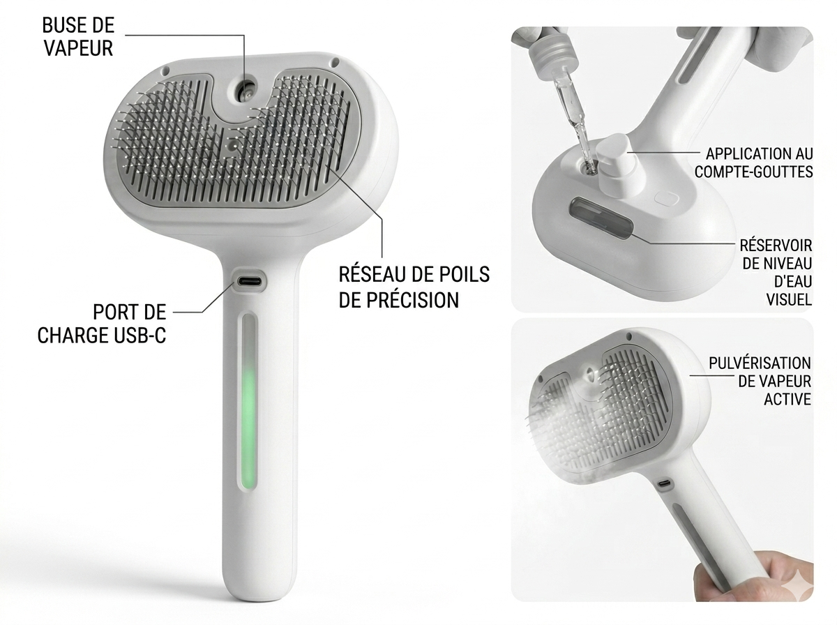 Réservoir d'eau intégré et port USB-C de la brosse vapeur RonWouf Brush