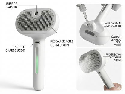 Réservoir d'eau intégré et port USB-C de la brosse vapeur RonWouf Brush